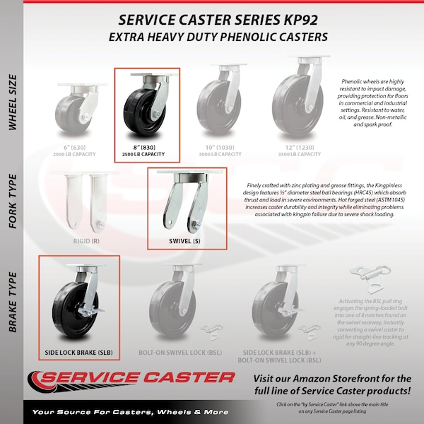 Service Caster 8 Inch Extra Heavy Duty Phenolic Wheel Swivel Caster Set with 2 Brakes, 4PK SCC-KP92S830-PHR-2-SLB-2 - main